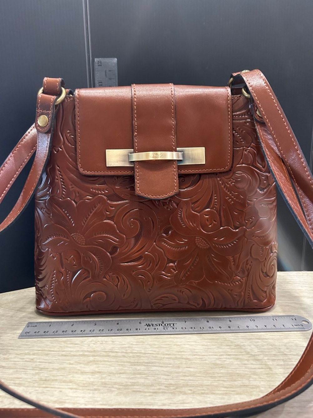 Patricia Nash Embossed Leather Crossbody in Chestnut